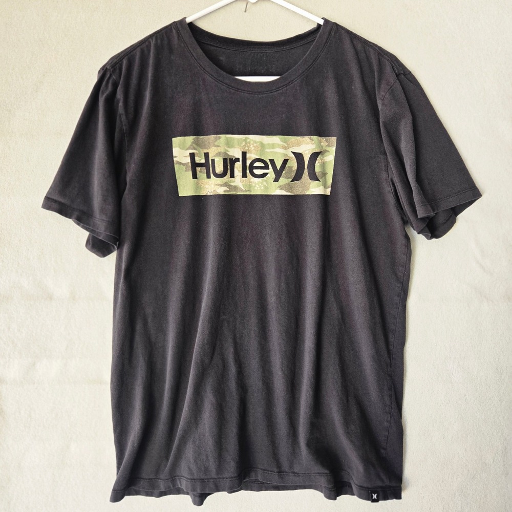 Hurley Mens Graphic T-Shirt Black Camo Box Logo‎ Short Sleeve Crewneck L